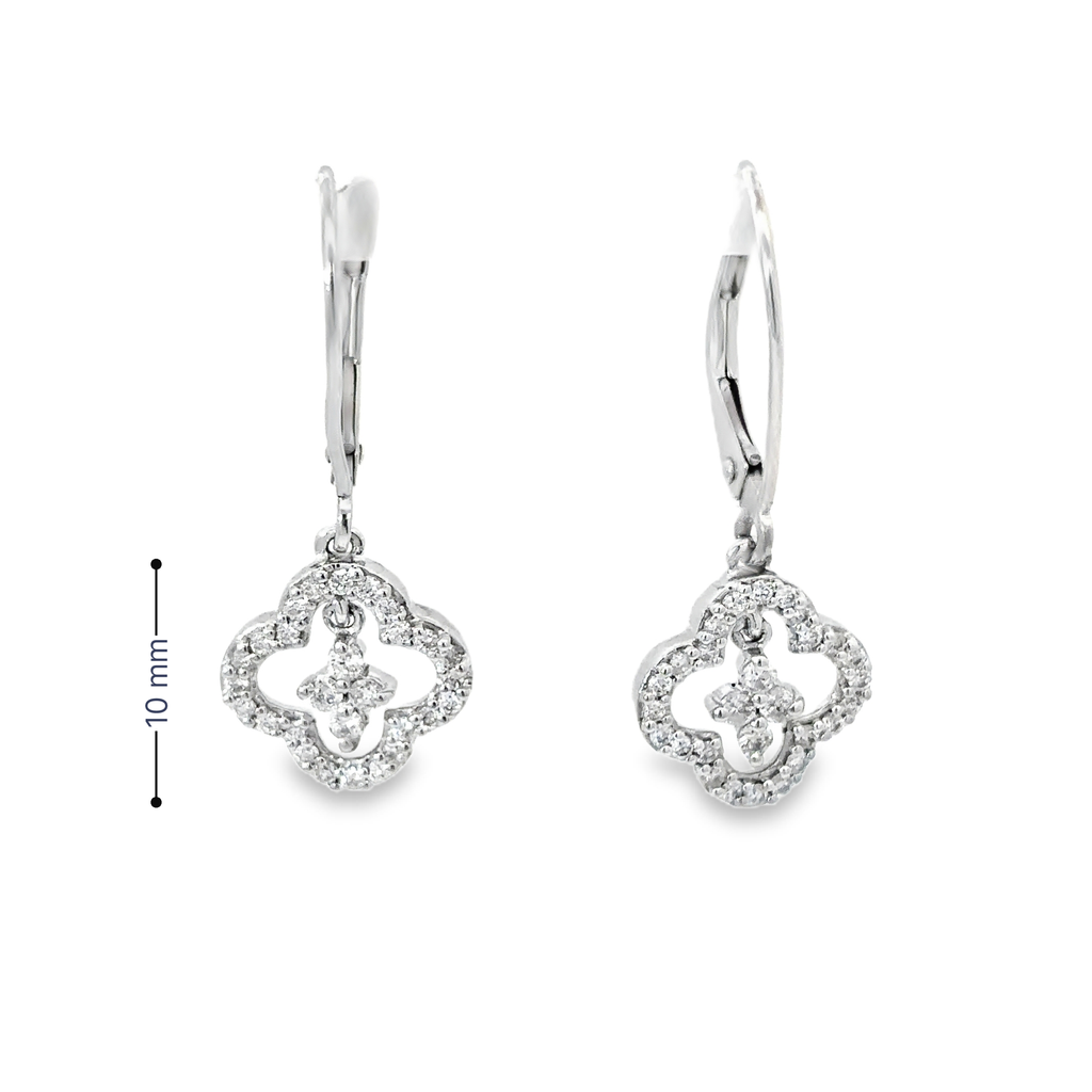 14K White Gold Diamond Dangling Clover Earrings on Euro Wires