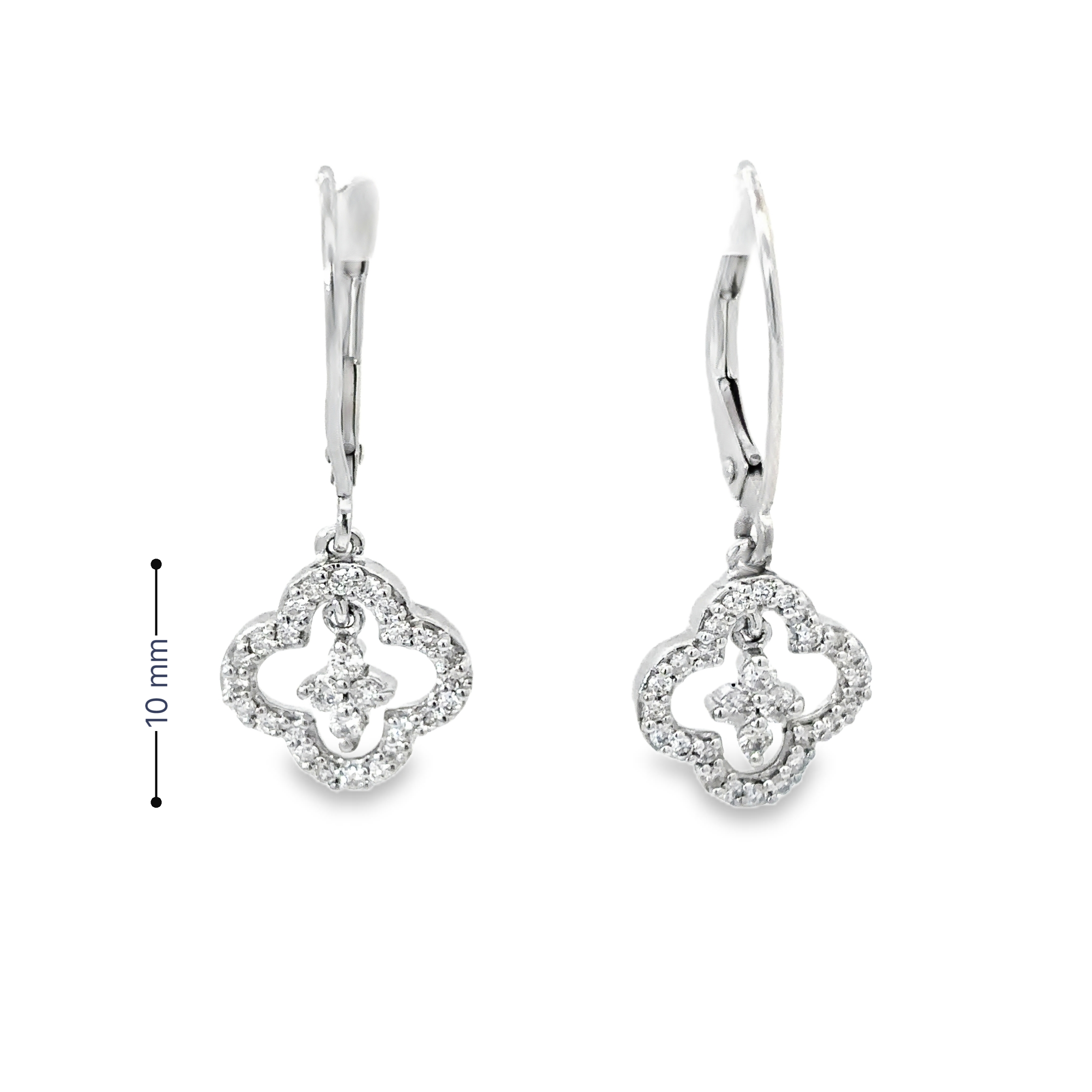 14K White Gold Diamond Dangling Clover Earrings on Euro Wires