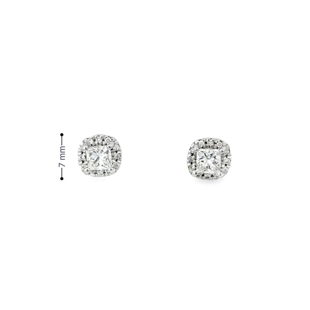 14K White Gold Princess Cut Diamond Earrings set in a Halo with Post Back