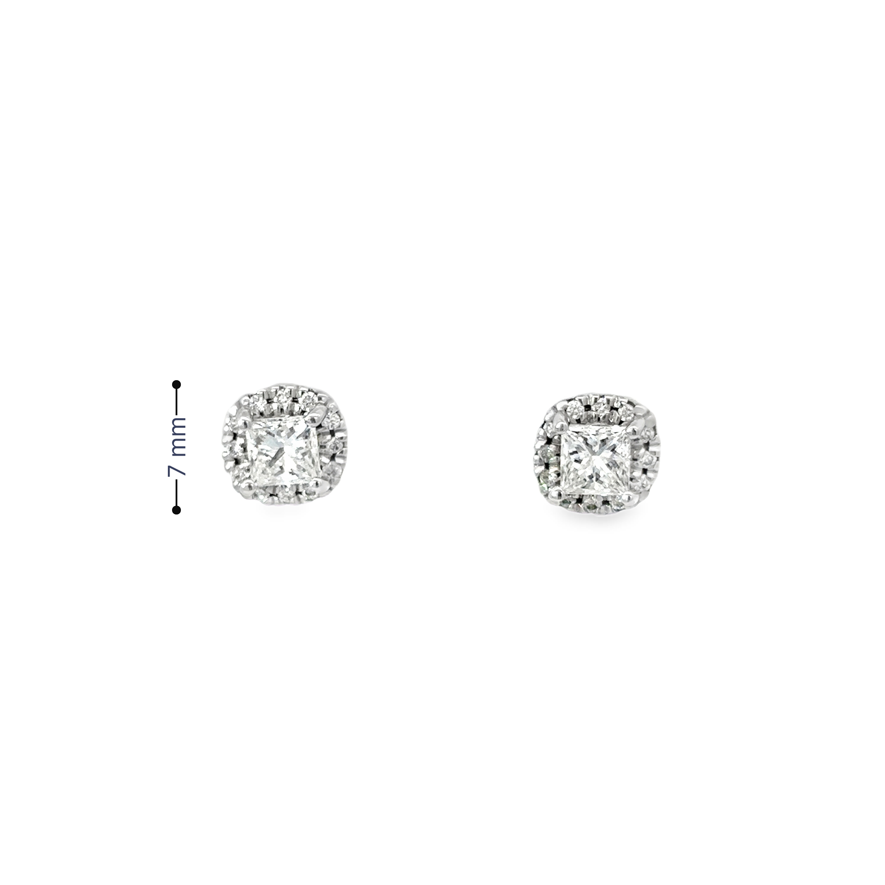 14K White Gold Princess Cut Diamond Earrings set in a Halo with Post Back