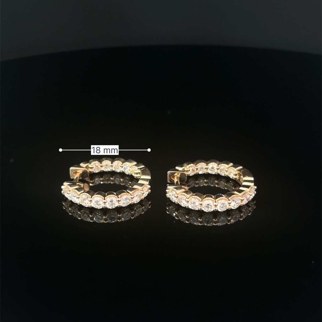14K Yellow Gold In Out Diamond Hoop Earrings with Milgrain Edge