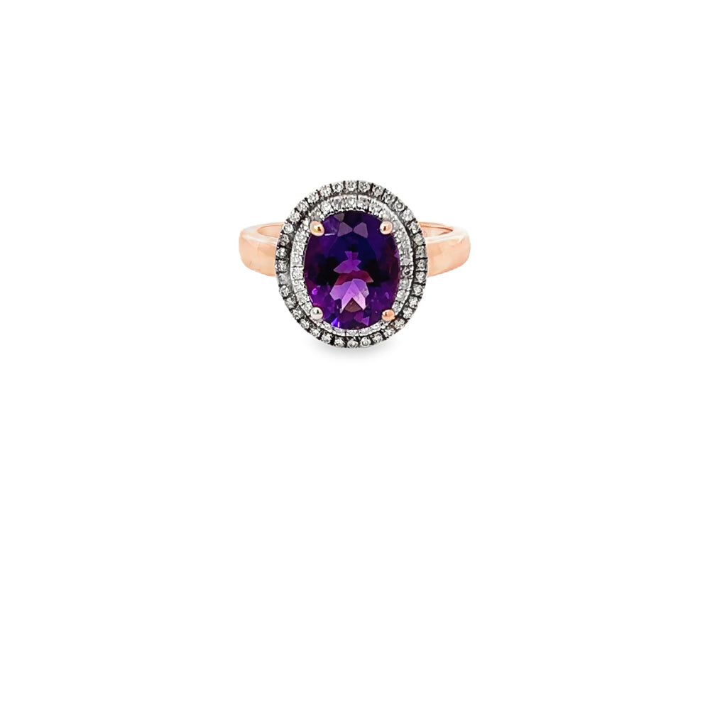 14k Rose Gold Oval Amethyst Ring with a Double Diamond Halo