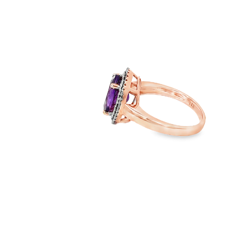 14k Rose Gold Oval Amethyst Ring with a Double Diamond Halo