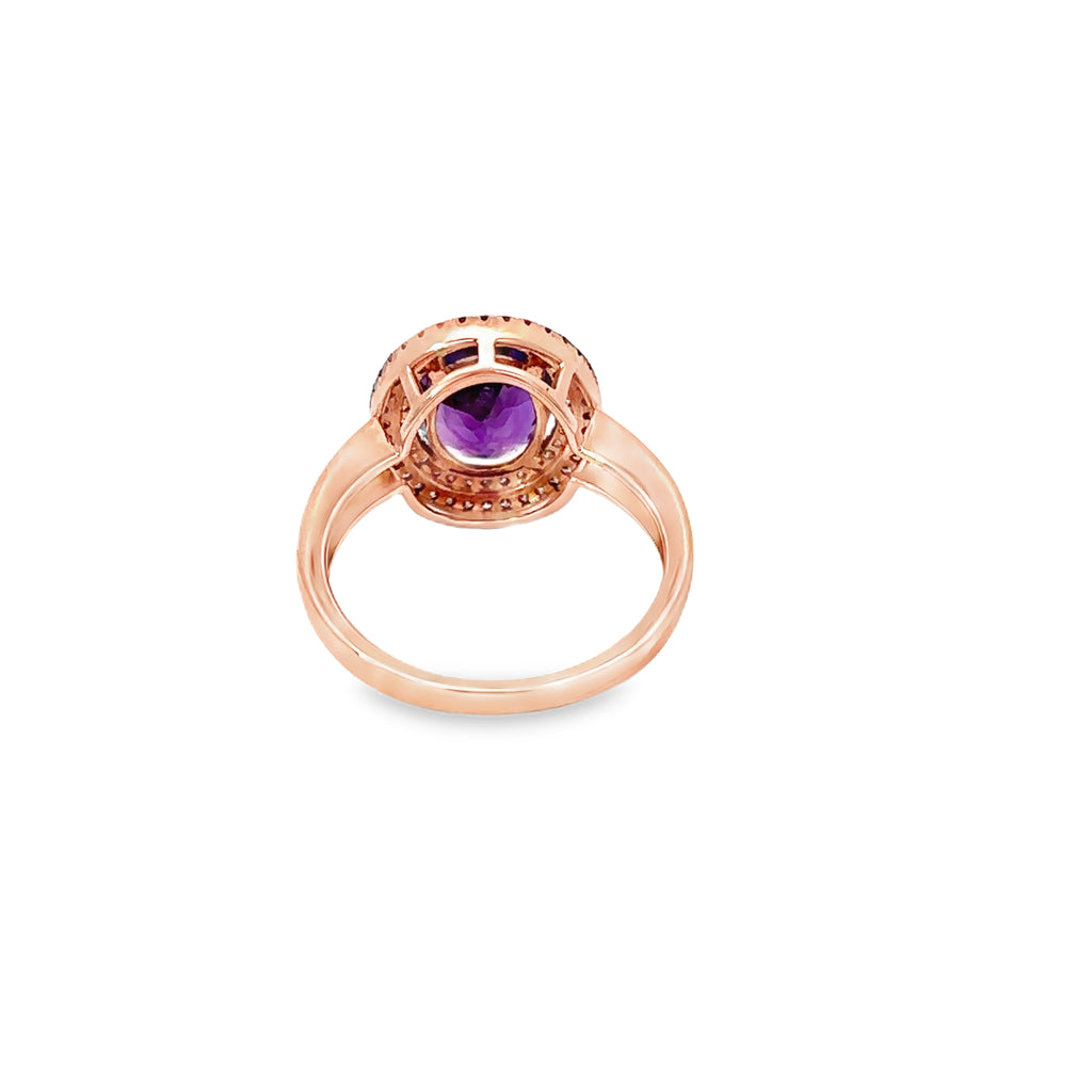 14k Rose Gold Oval Amethyst Ring with a Double Diamond Halo