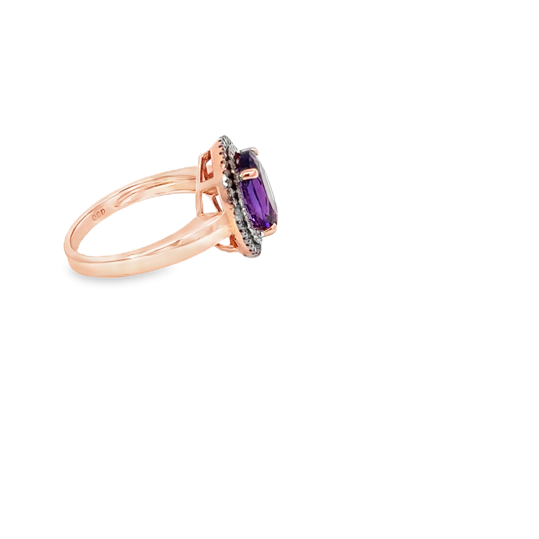 14k Rose Gold Oval Amethyst Ring with a Double Diamond Halo