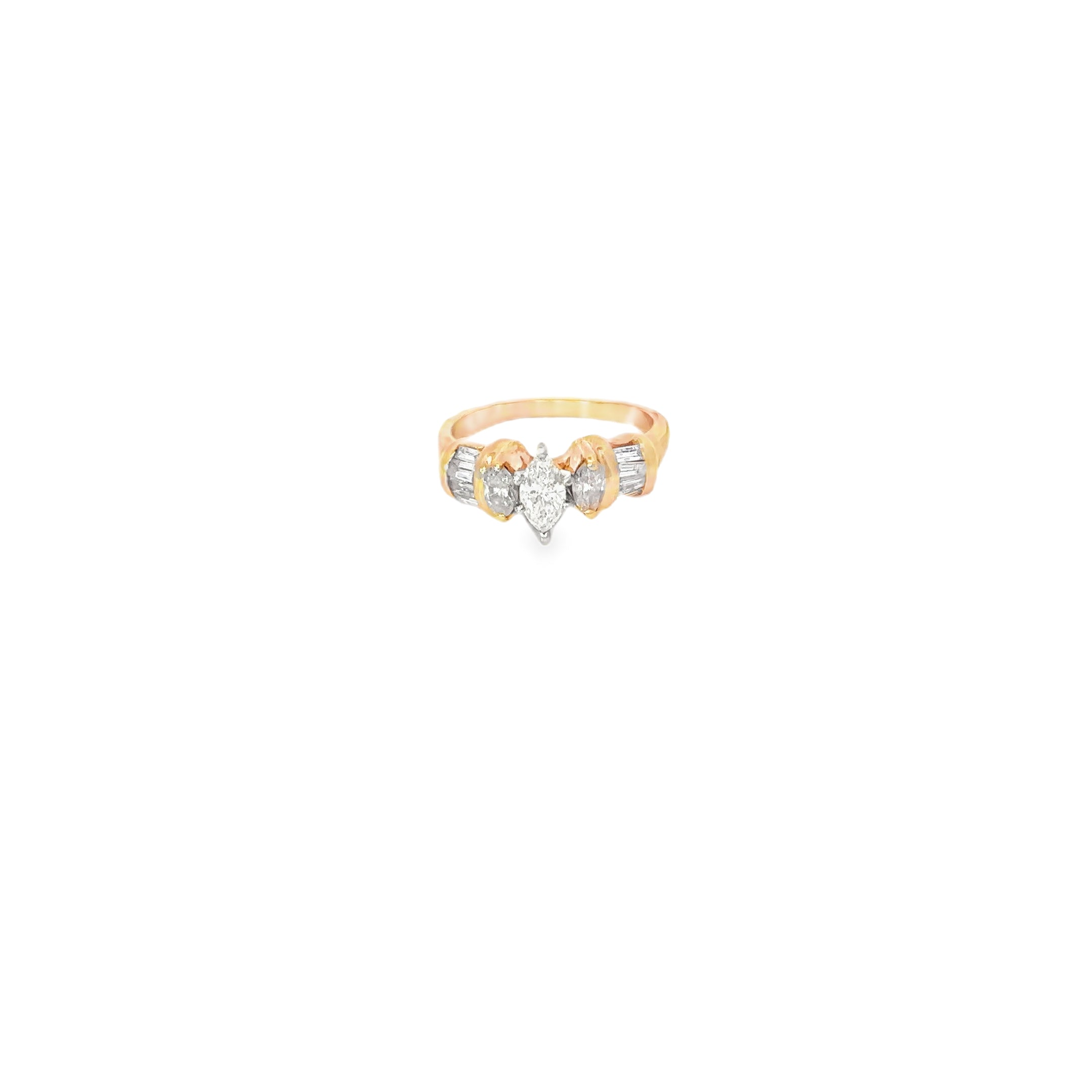 14K Yellow Gold Marquise and Baguette Diamond Engagement Ring