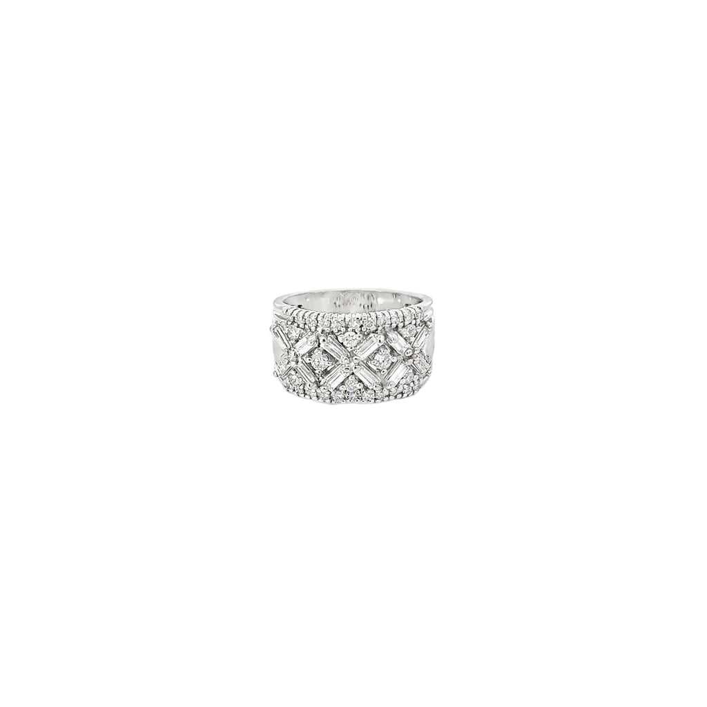 14K White Gold Wide Diamond Band with Baguette and Round Diamonds