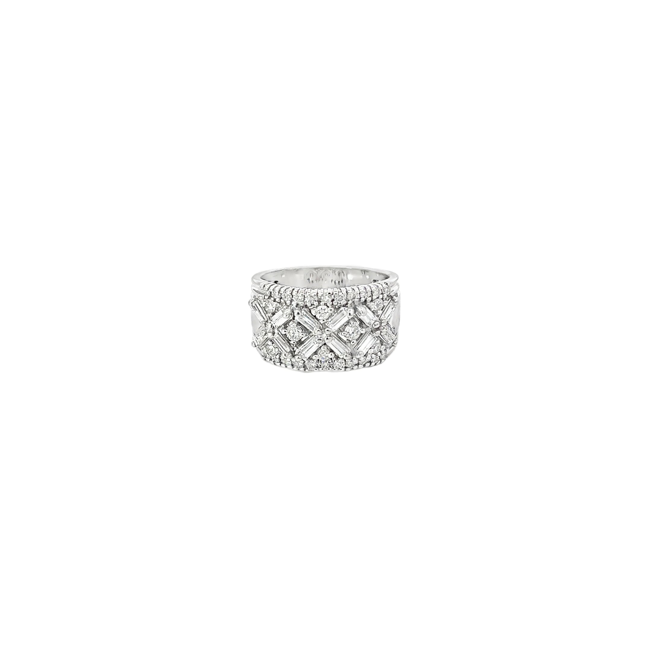 14K White Gold Wide Diamond Band with Baguette and Round Diamonds