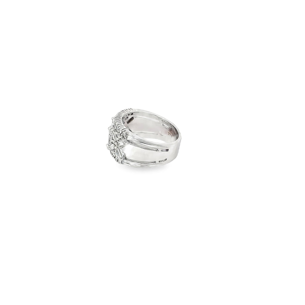 14K White Gold Wide Diamond Band with Baguette and Round Diamonds