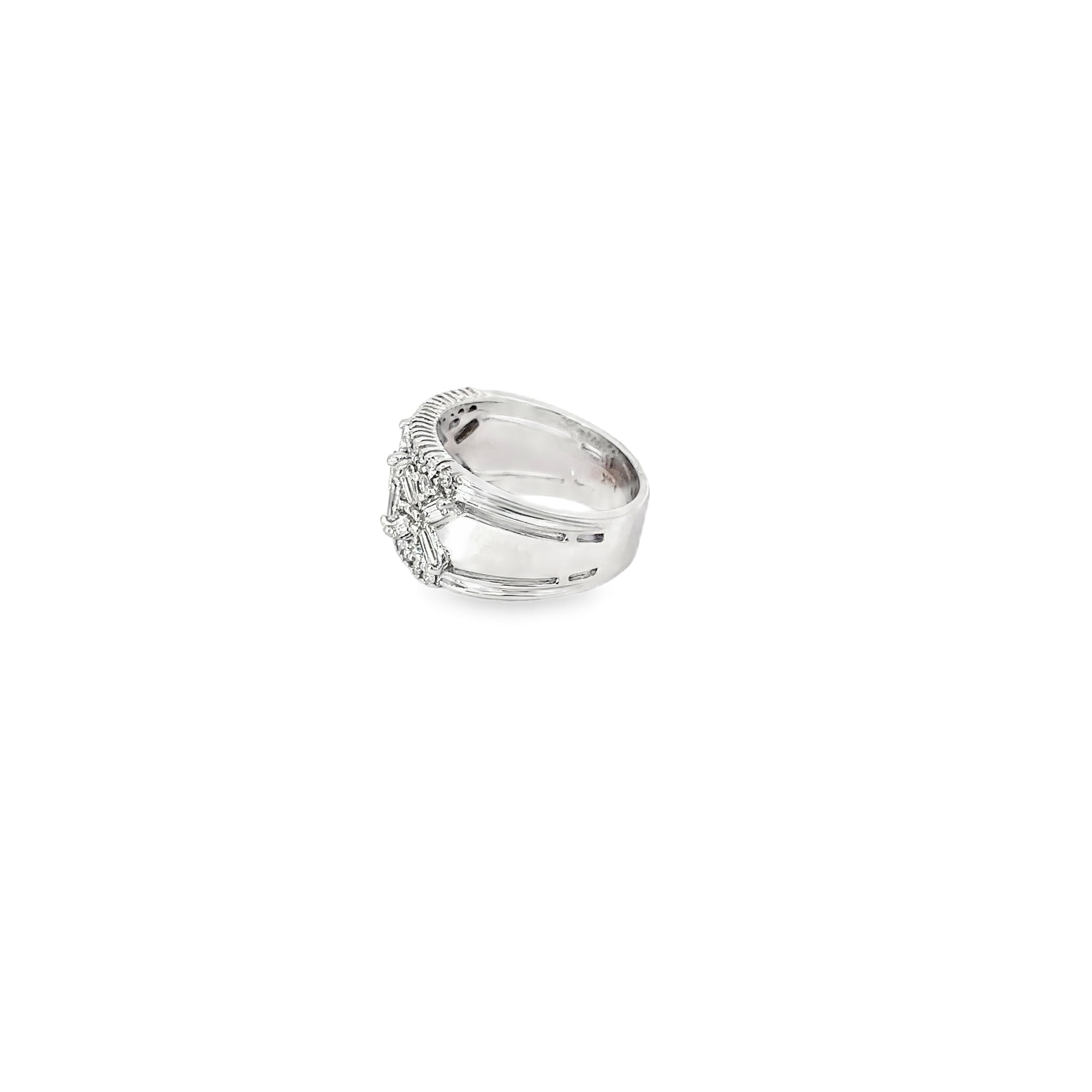 14K White Gold Wide Diamond Band with Baguette and Round Diamonds
