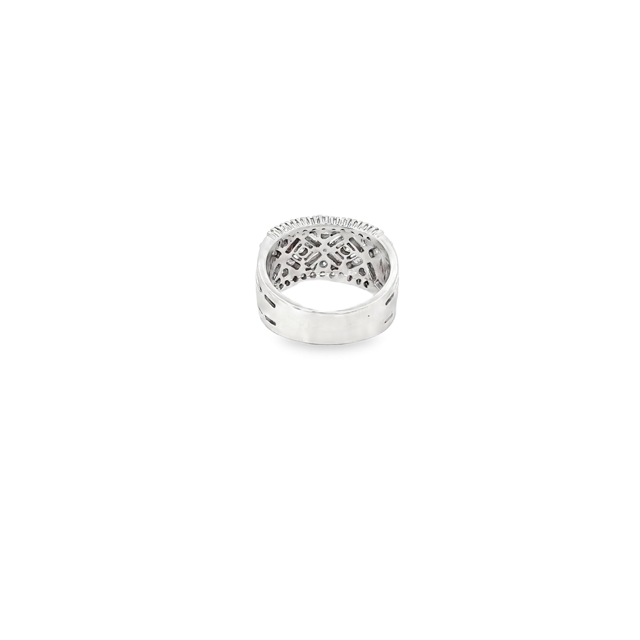 14K White Gold Wide Diamond Band with Baguette and Round Diamonds