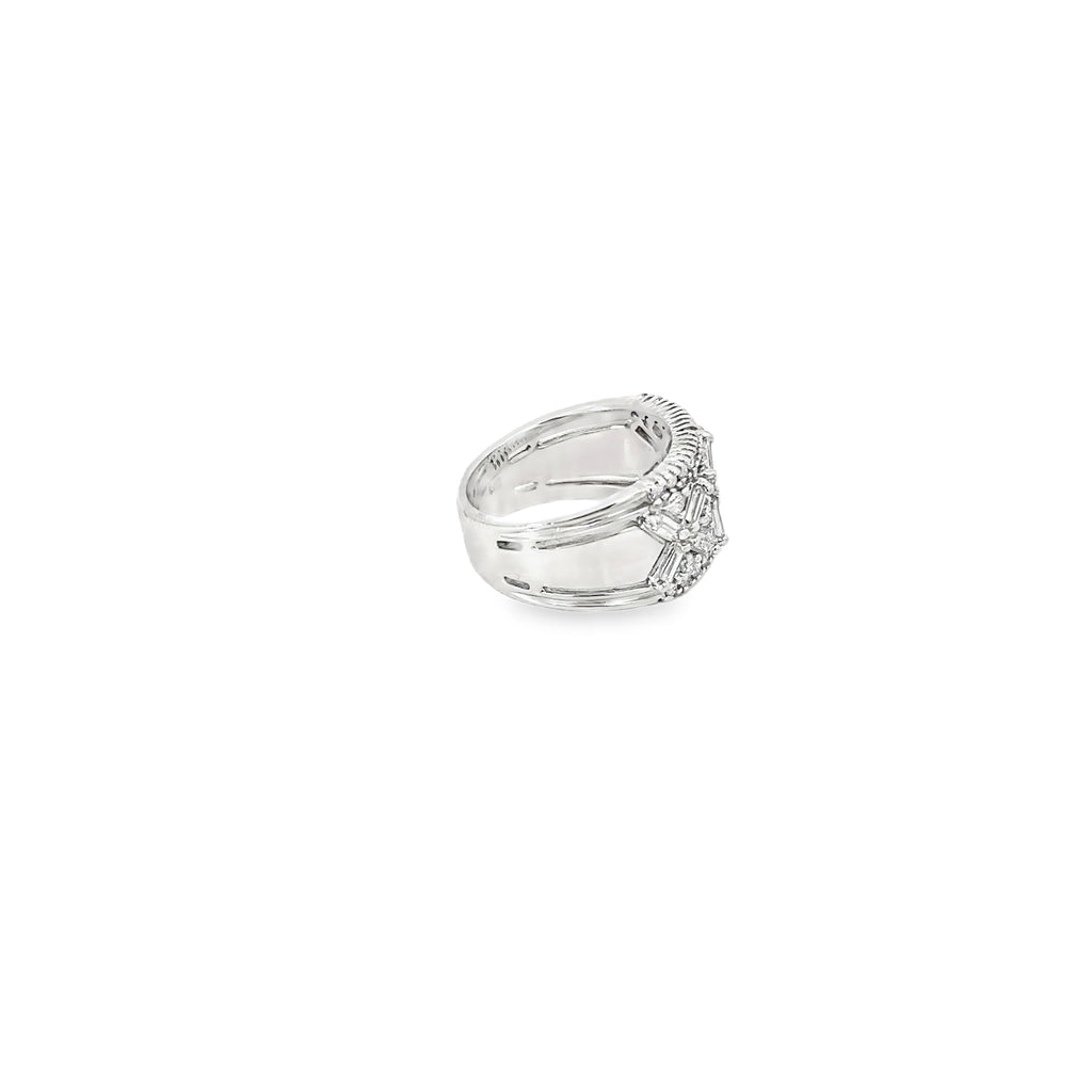 14K White Gold Wide Diamond Band with Baguette and Round Diamonds