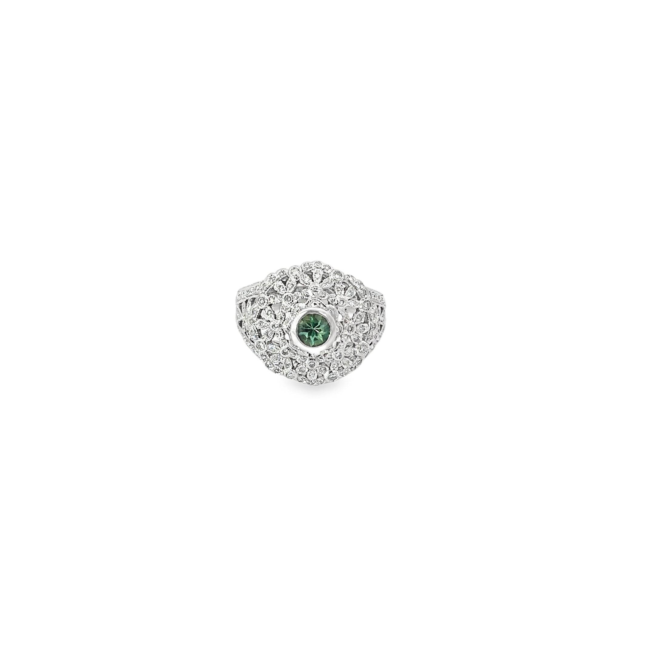 14K White Gold Bezel set round Tsavorite surrounded by Pave Diamonds