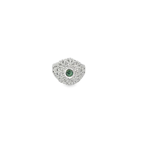14K White Gold Bezel set round Tsavorite surrounded by Pave Diamonds