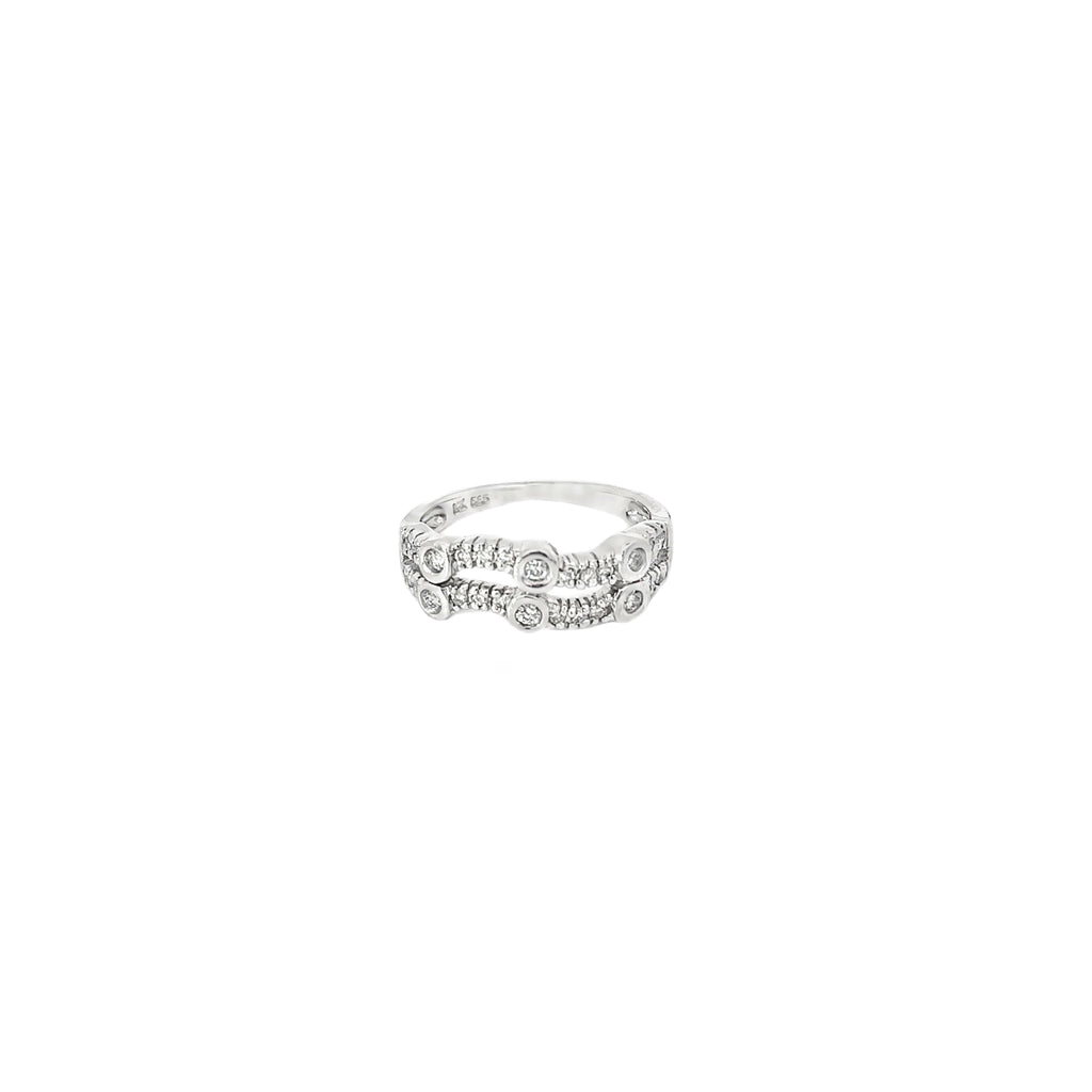 14K White Gold Double Wave Band with Bezel and Prong Set Diamonds