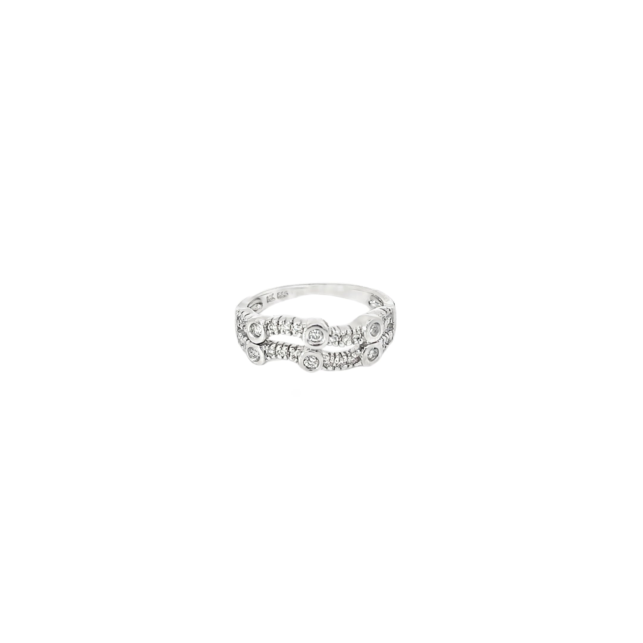 14K White Gold Double Wave Band with Bezel and Prong Set Diamonds