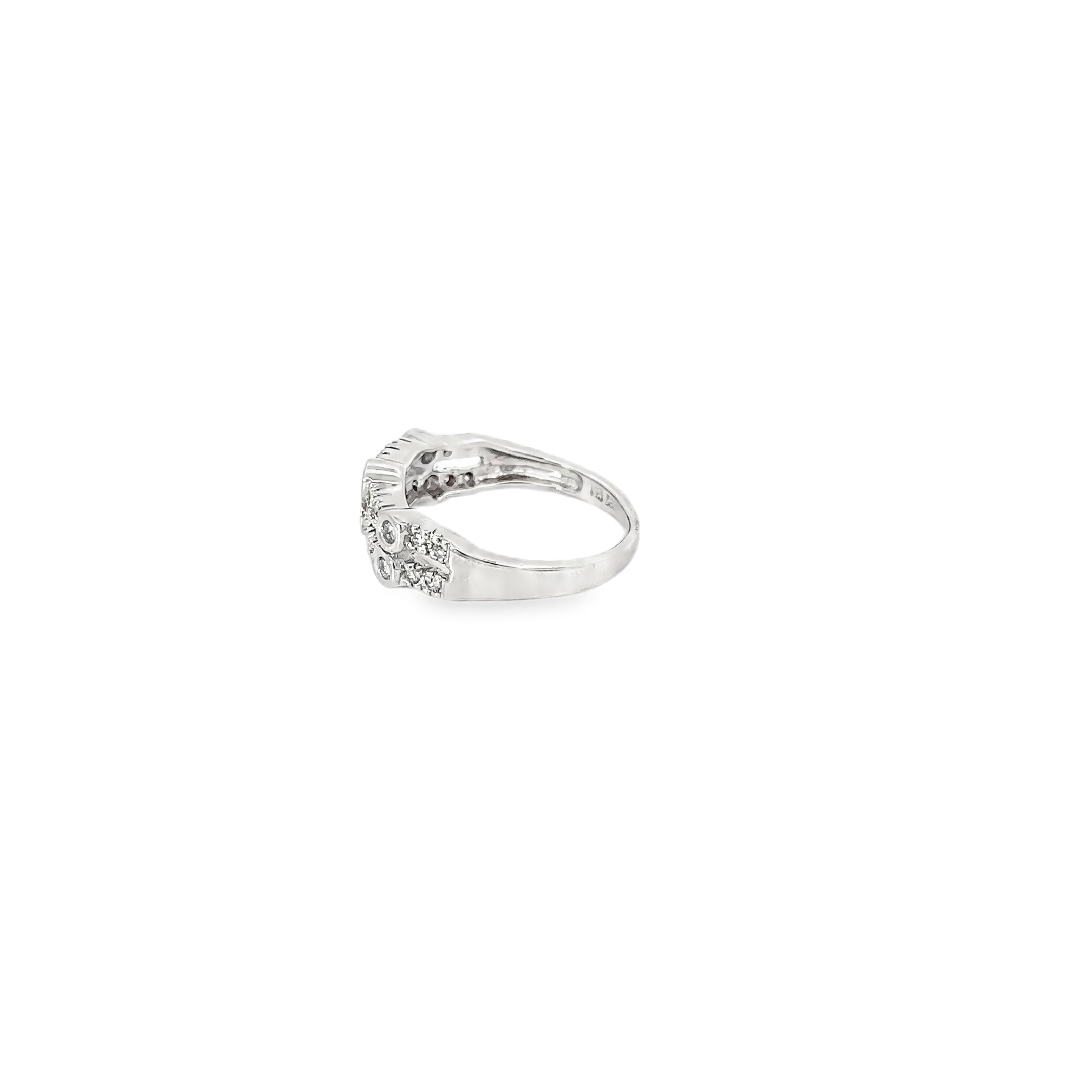 14K White Gold Double Wave Band with Bezel and Prong Set Diamonds