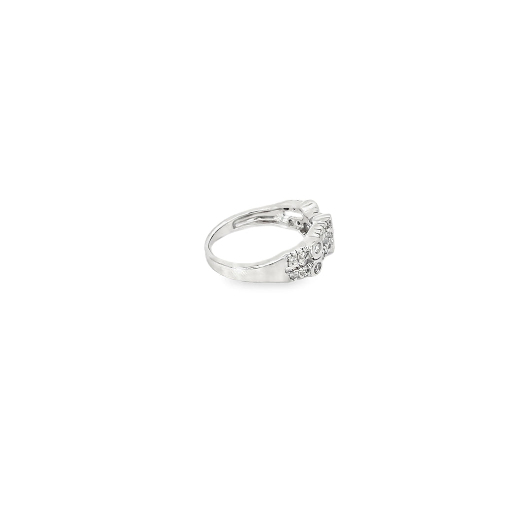 14K White Gold Double Wave Band with Bezel and Prong Set Diamonds