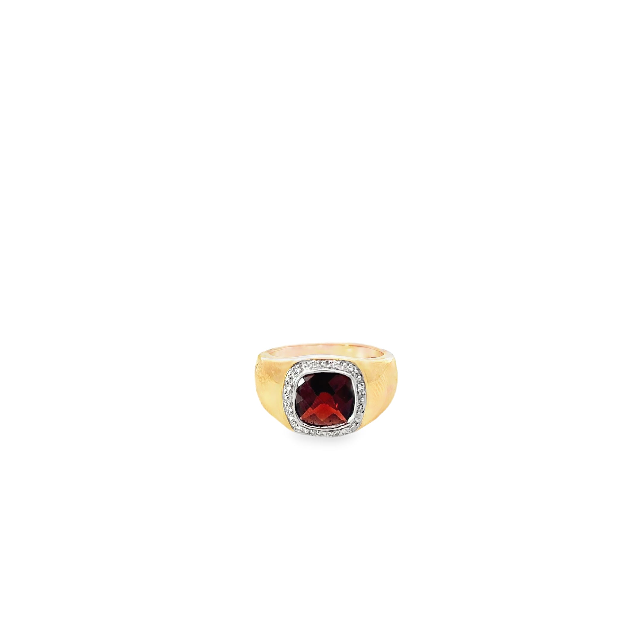14K Yellow Gold Cushion Cut Garnet Ring with a Diamond Halo