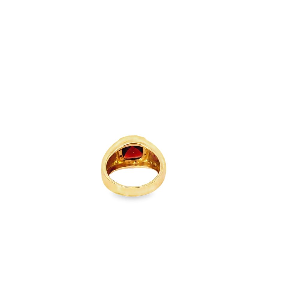 14K Yellow Gold Cushion Cut Garnet Ring with a Diamond Halo