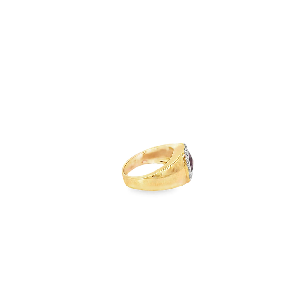 14K Yellow Gold Cushion Cut Garnet Ring with a Diamond Halo