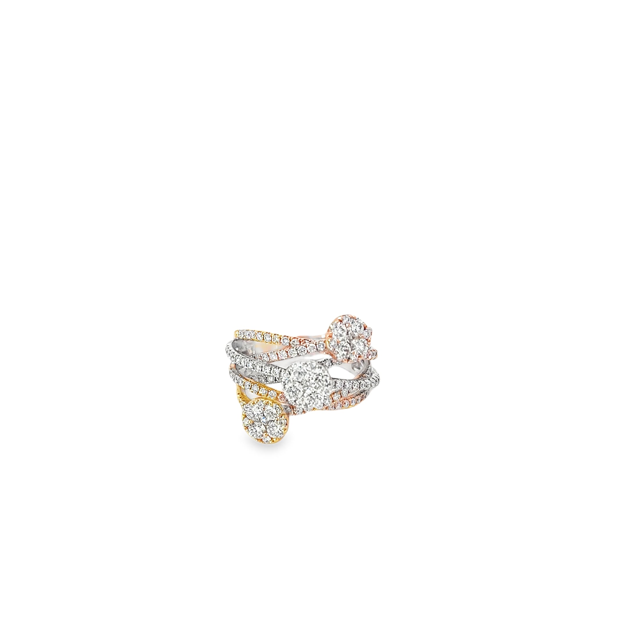 14K White Gold With Tri Color Plating Triple Band with Round Diamonds Set in Petals