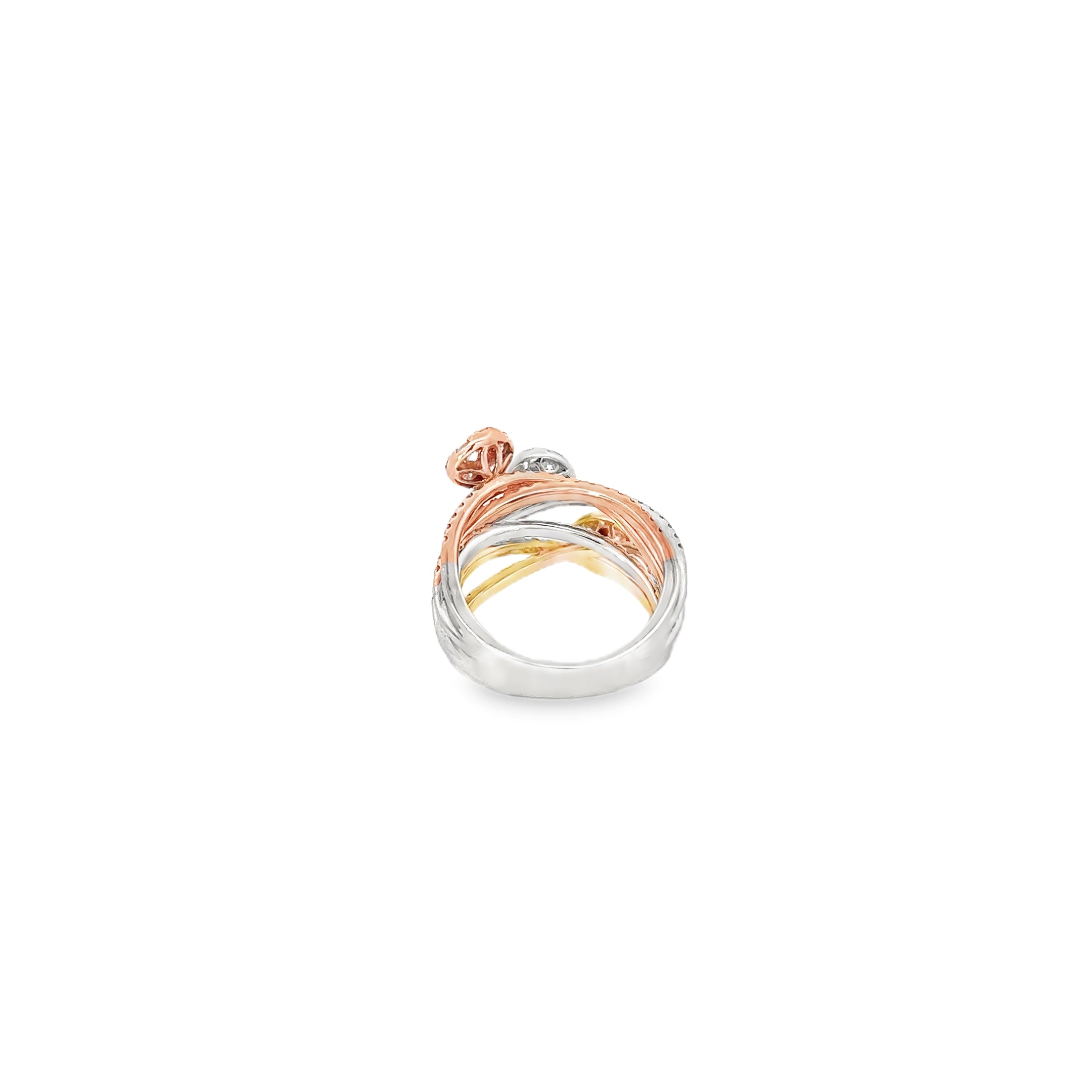 14K White Gold With Tri Color Plating Triple Band with Round Diamonds Set in Petals