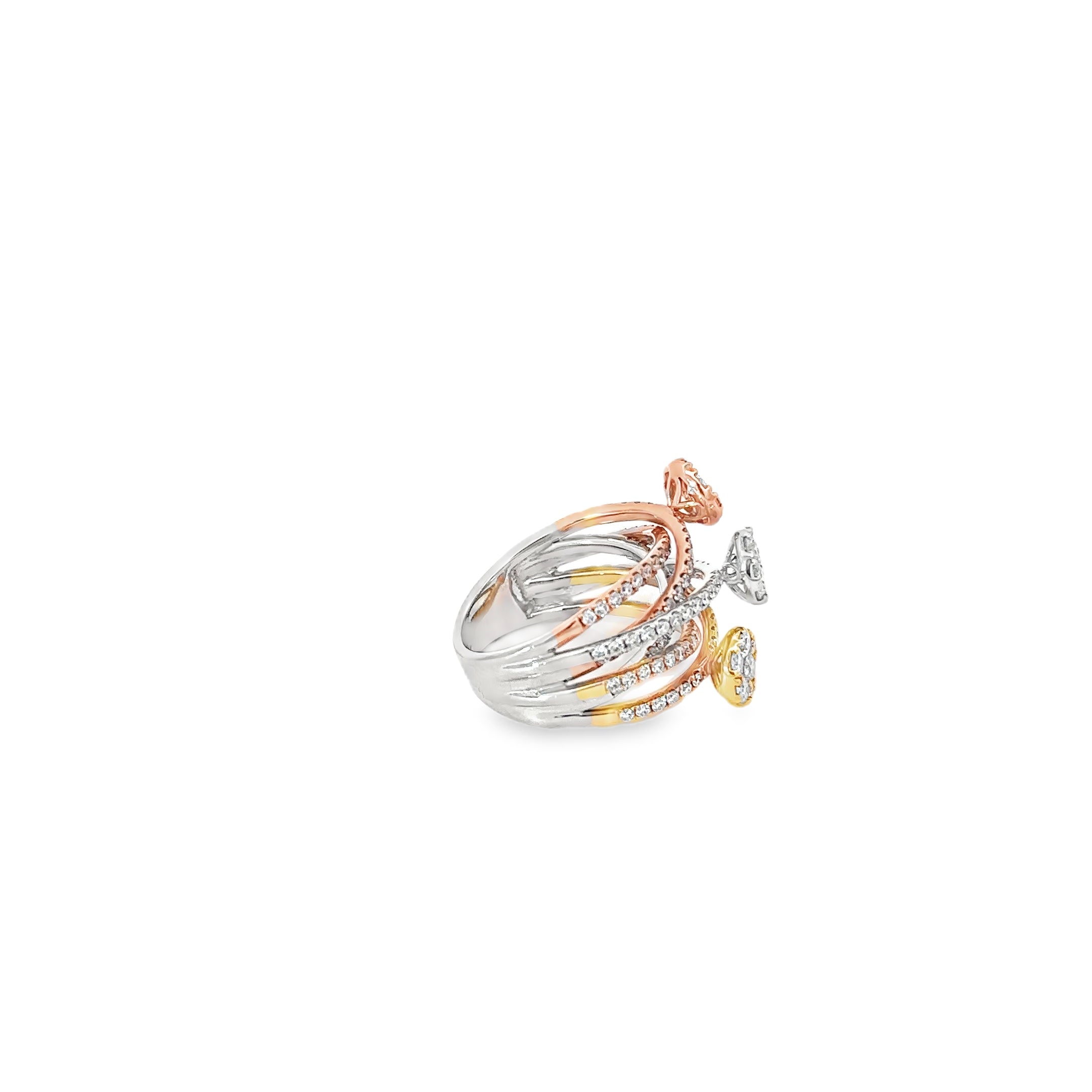 14K White Gold With Tri Color Plating Triple Band with Round Diamonds Set in Petals