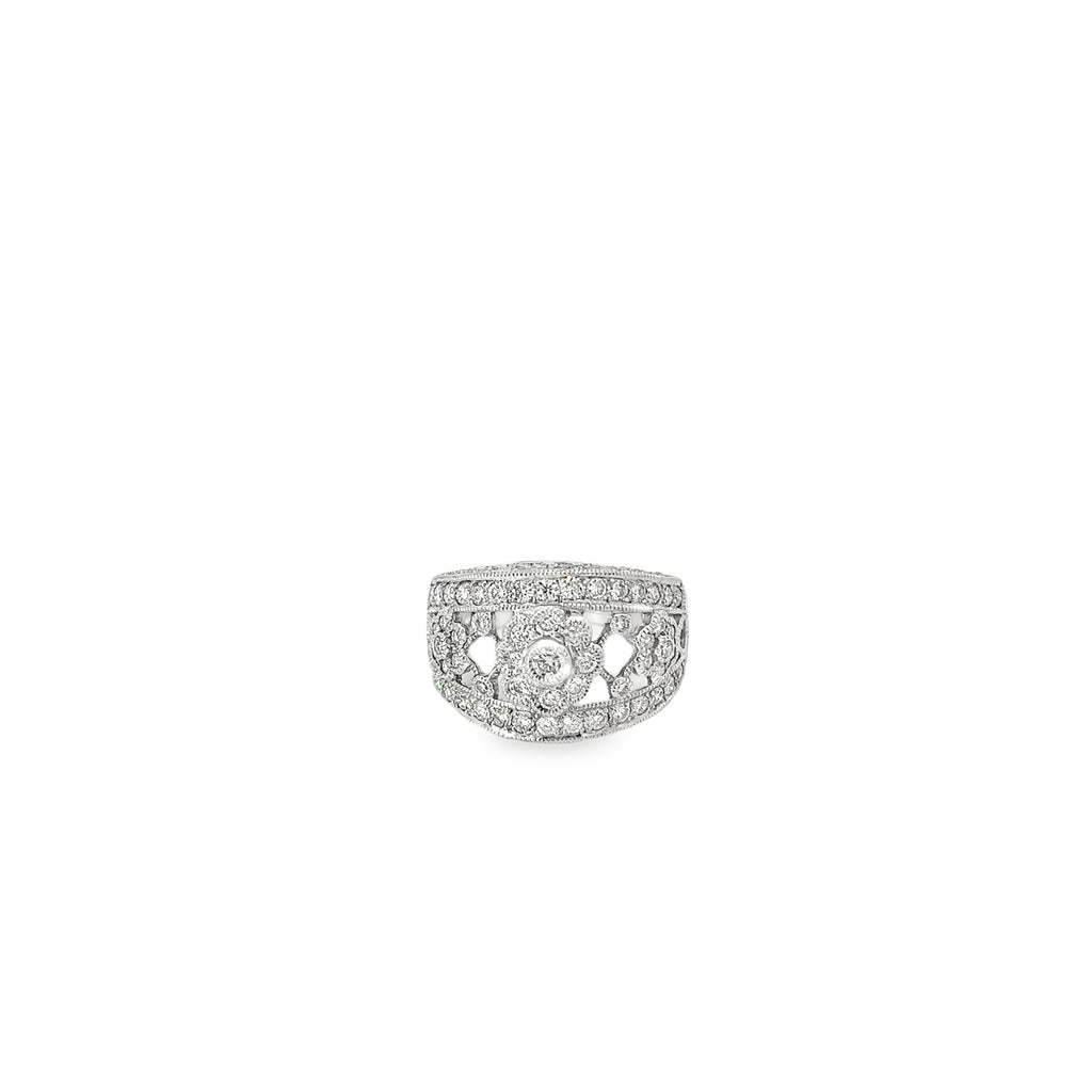 14K White Gold Three Diamond Flower Wide Band