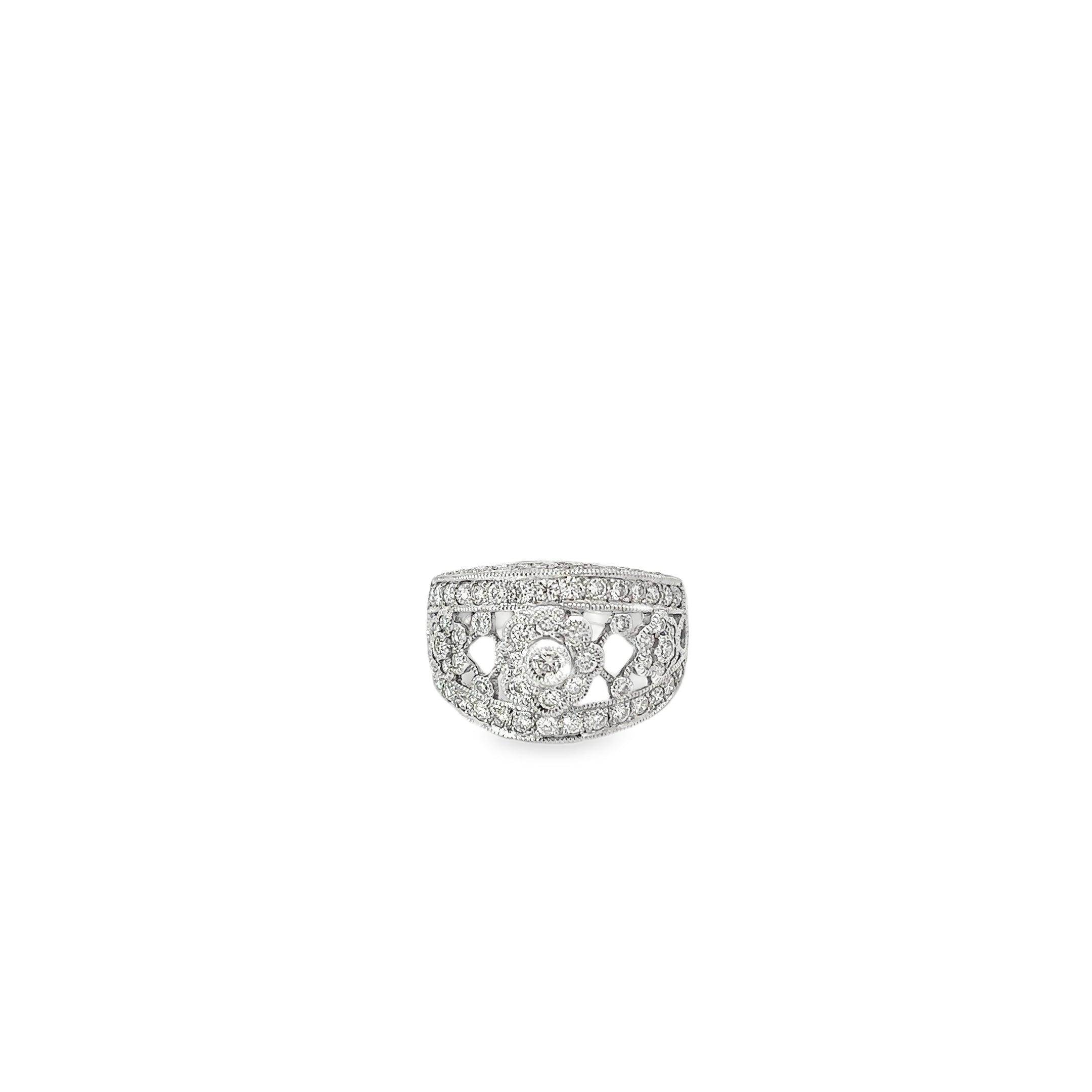 14K White Gold Three Diamond Flower Wide Band
