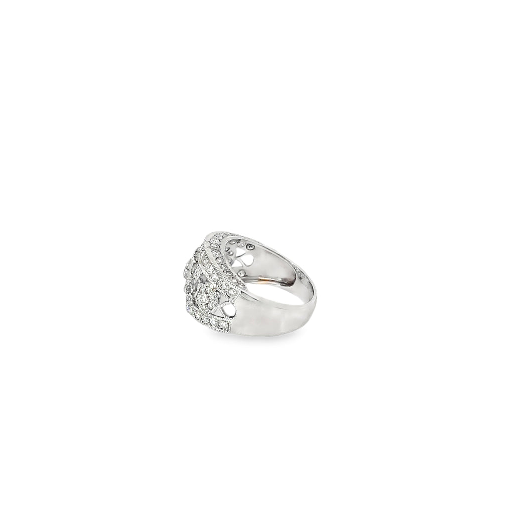 14K White Gold Three Diamond Flower Wide Band