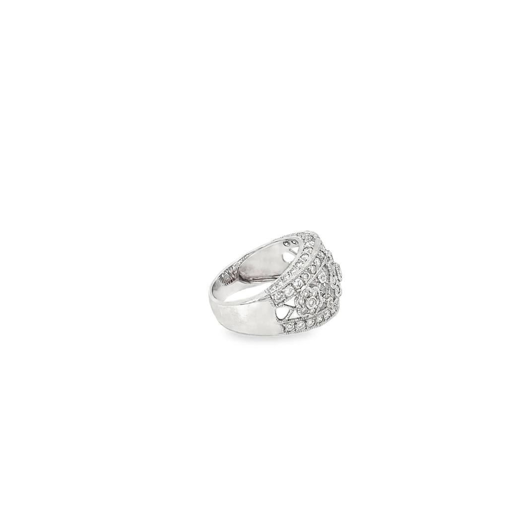14K White Gold Three Diamond Flower Wide Band