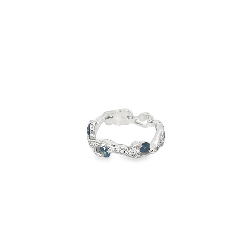 14K White Gold Saphire and Pave Diamond Double Wave Ring