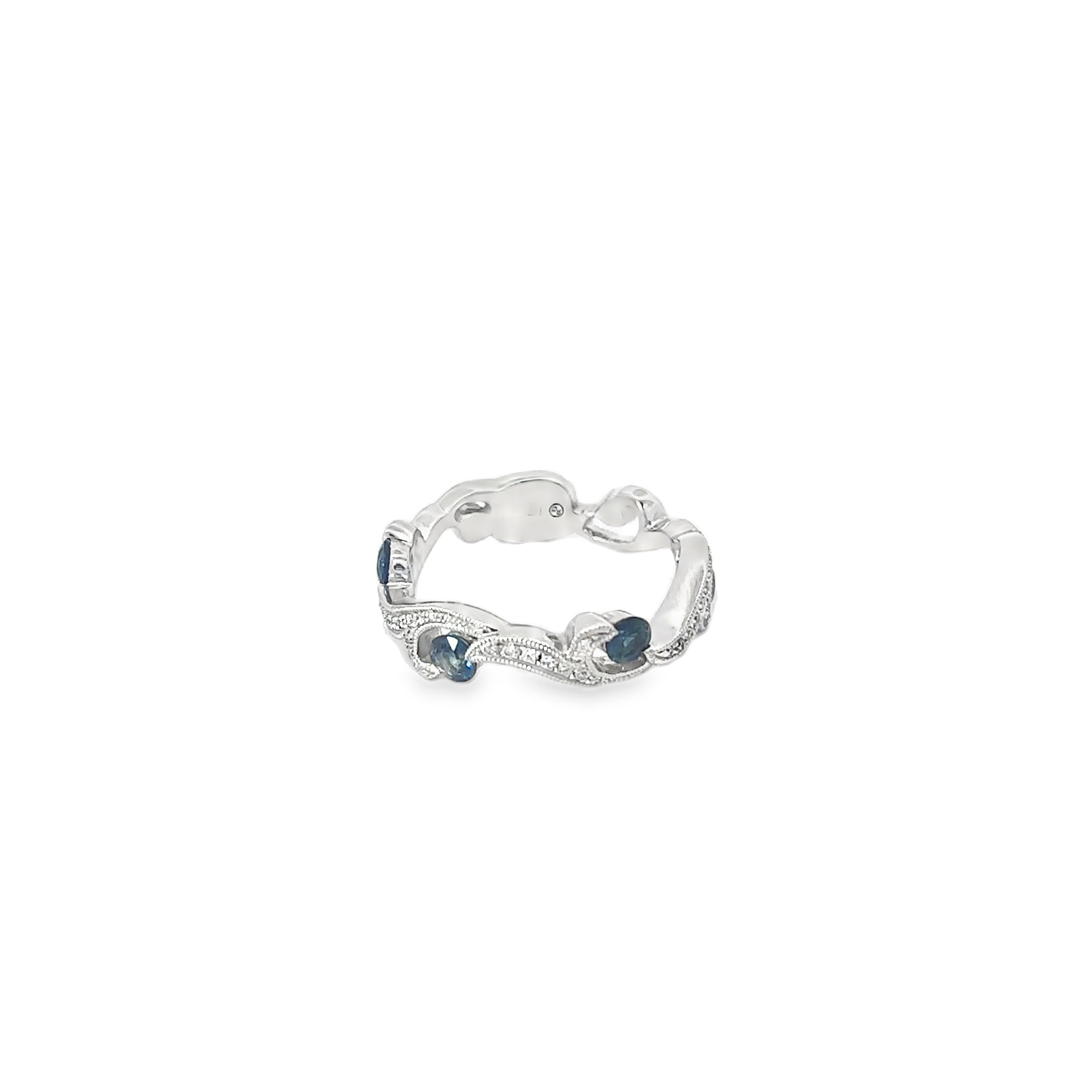 14K White Gold Saphire and Pave Diamond Double Wave Ring