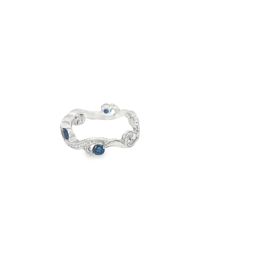 14K White Gold Saphire and Pave Diamond Double Wave Ring