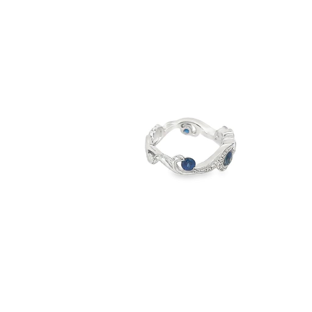 14K White Gold Saphire and Pave Diamond Double Wave Ring