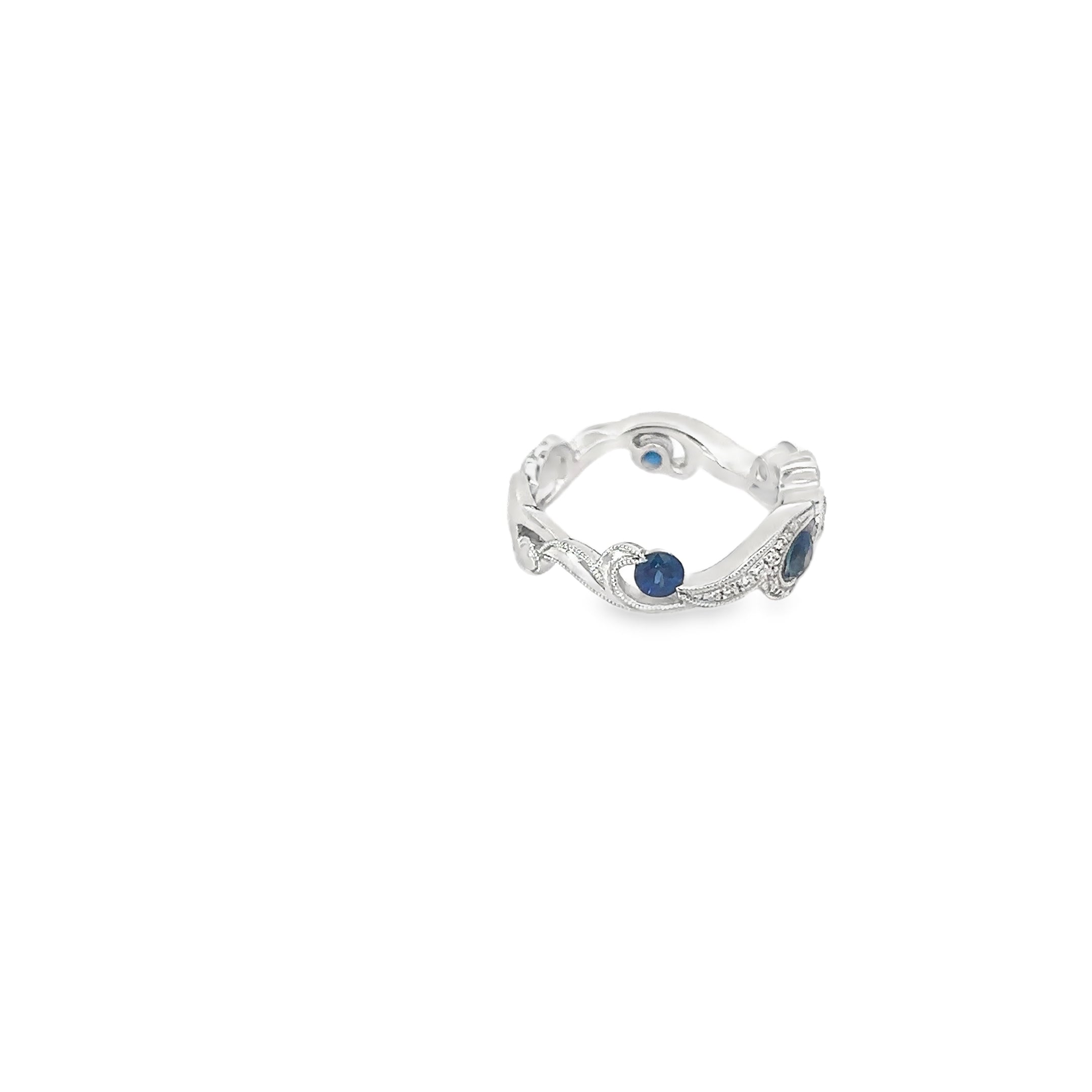 14K White Gold Saphire and Pave Diamond Double Wave Ring