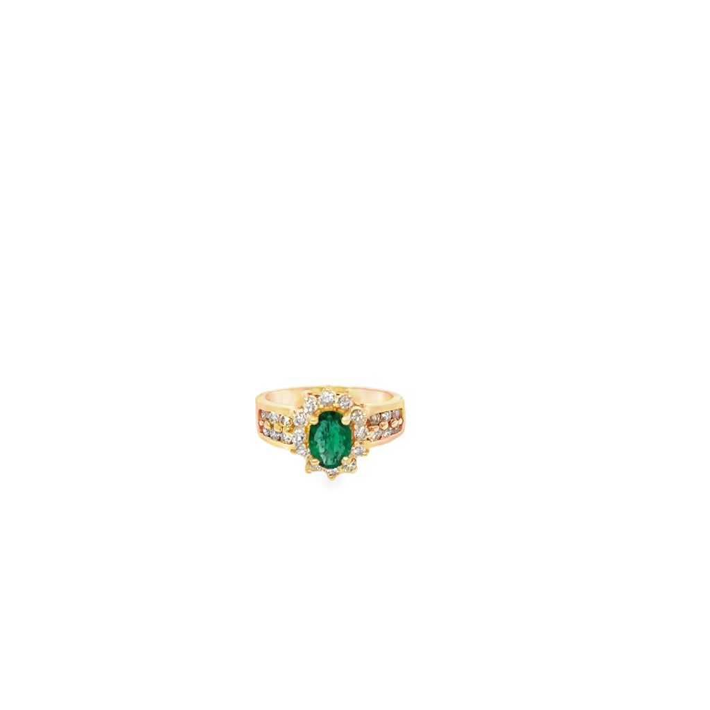 14K Yellow Gold Oval Deep Green Emerald Ring Surrounded by Diamonds