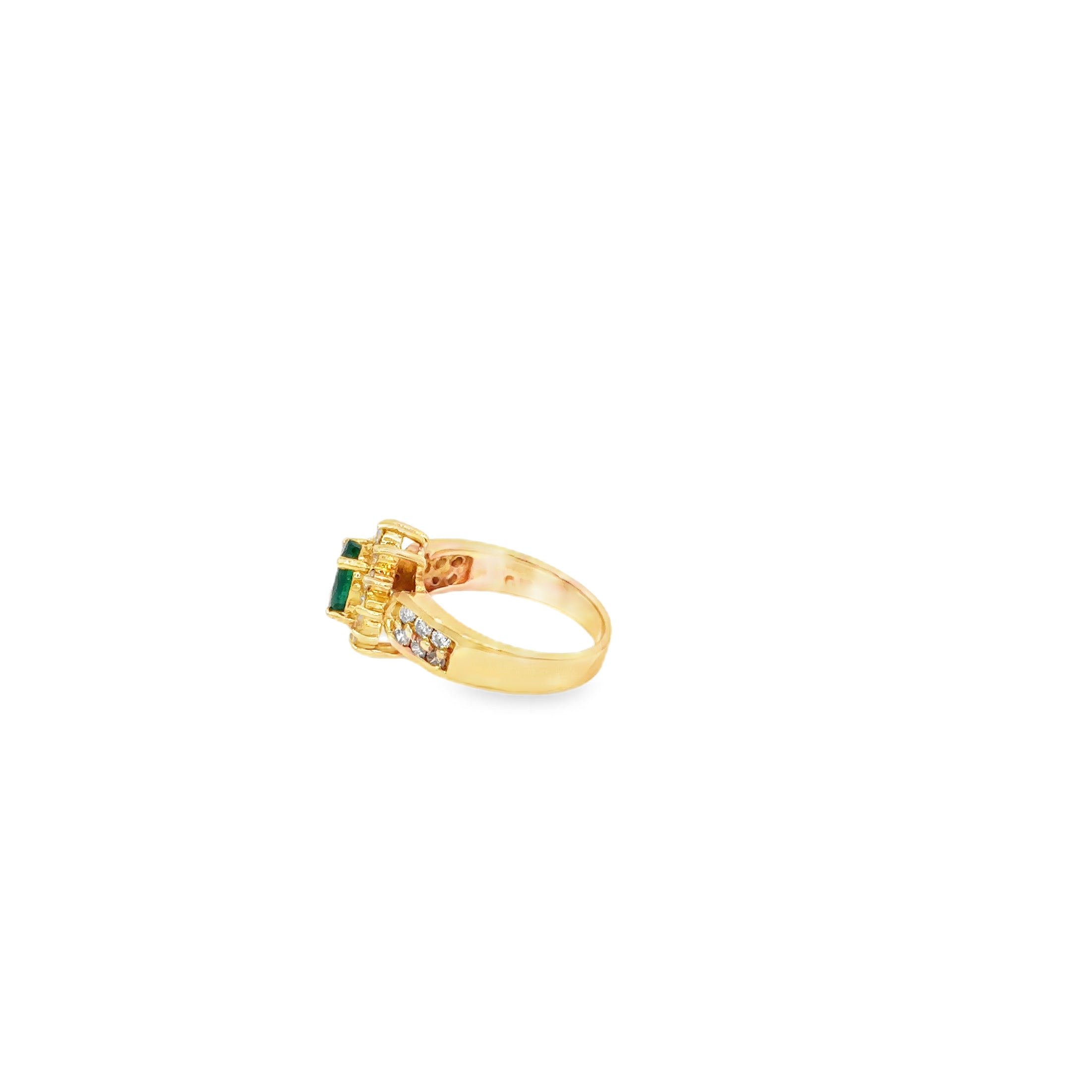 14K Yellow Gold Oval Deep Green Emerald Ring Surrounded by Diamonds