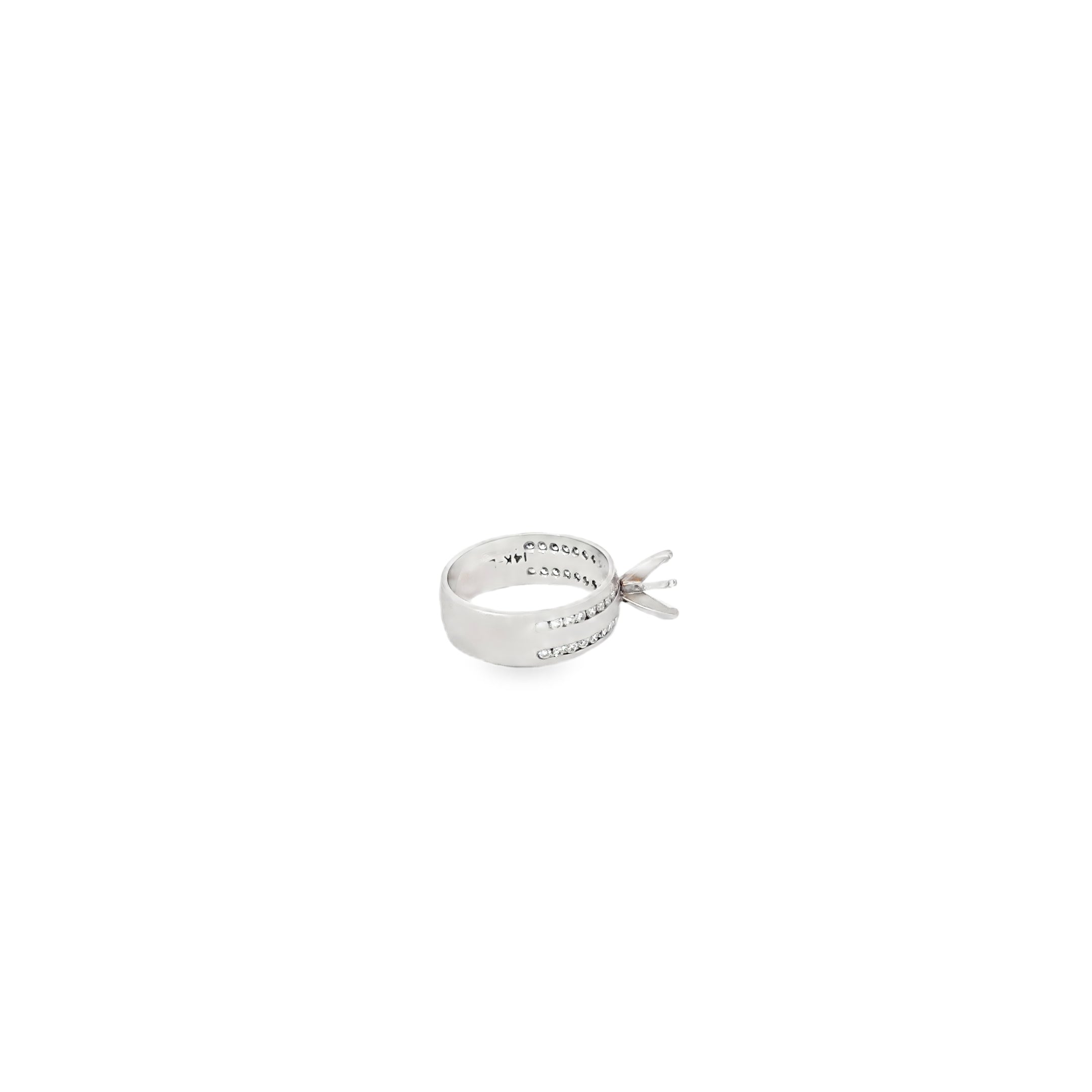 14K White Gold Wide Band Engagement Ring with a Double Row of Channel Set Diamonds
