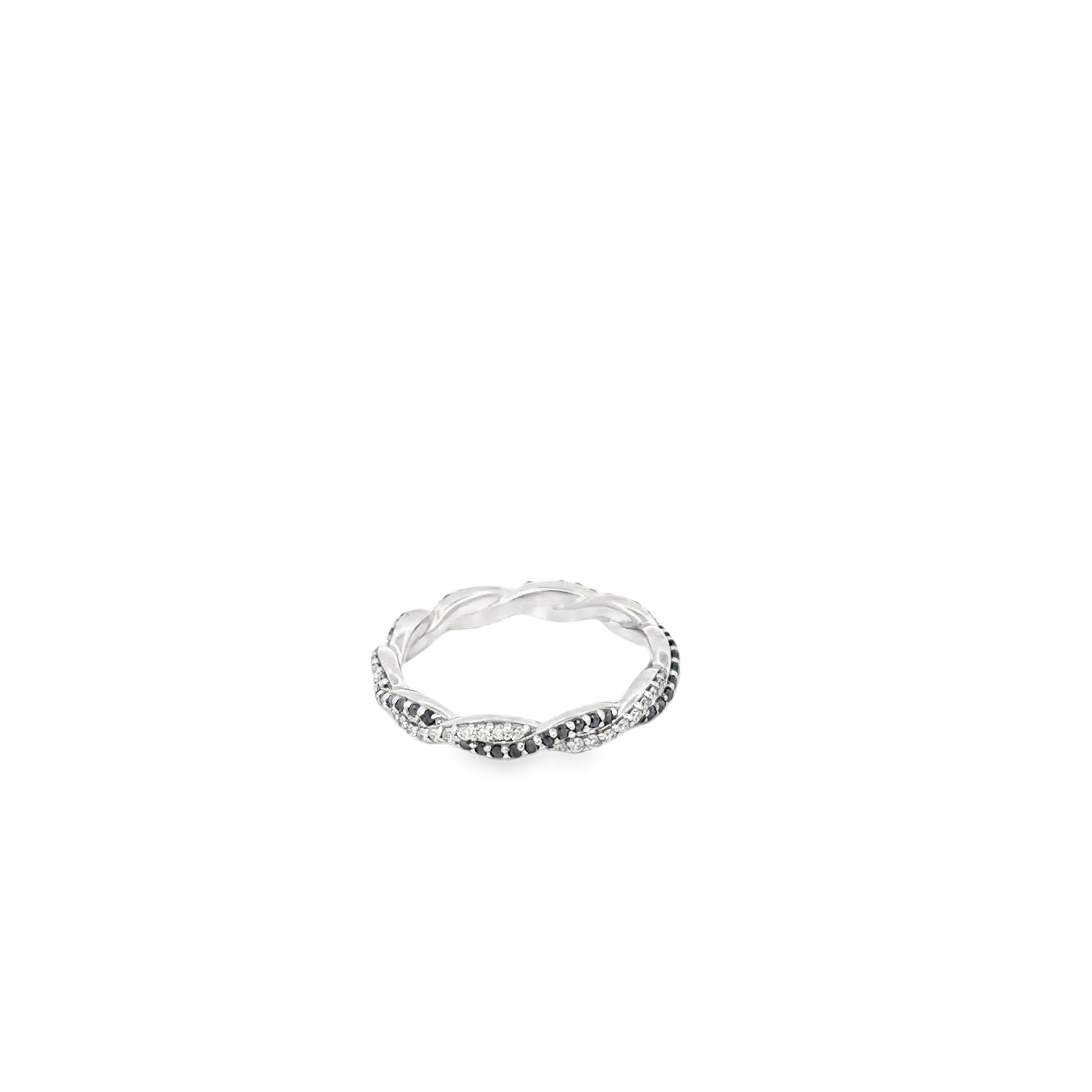 14K White Gold Black and White Diamonds Braided Eternity Band