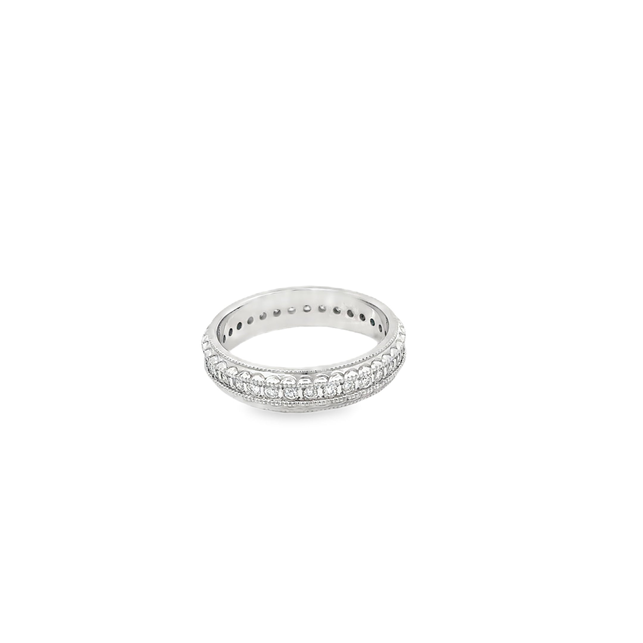 14K White Gold 4.5 mm wide Diamond Eternity Band with a Miligrain Edge