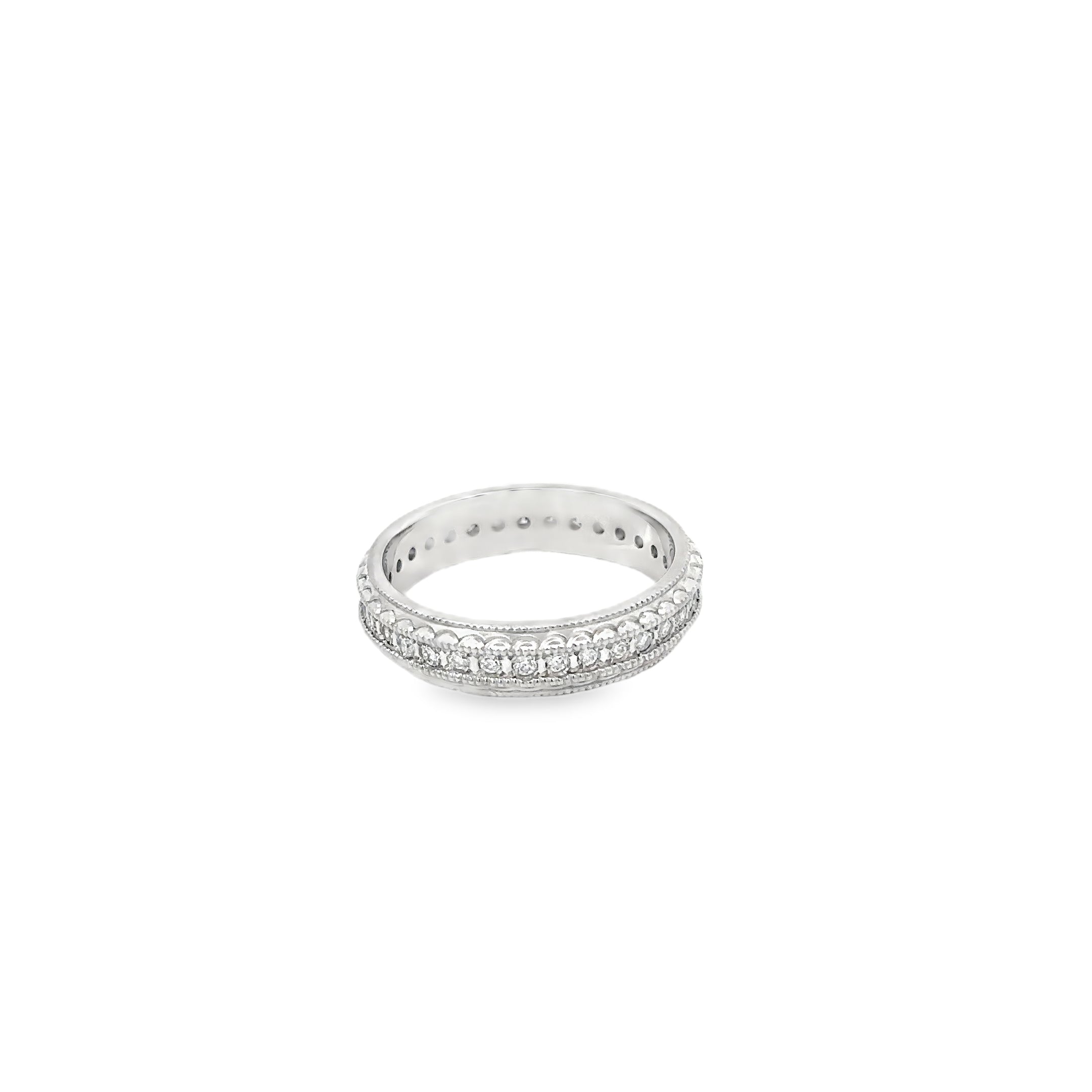 14K White Gold 4.5 mm wide Diamond Eternity Band with a Miligrain Edge