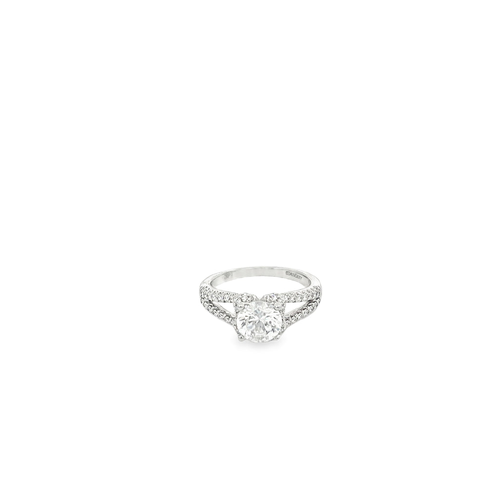 14K White Gold Engagement Ring with Split Diamond Band