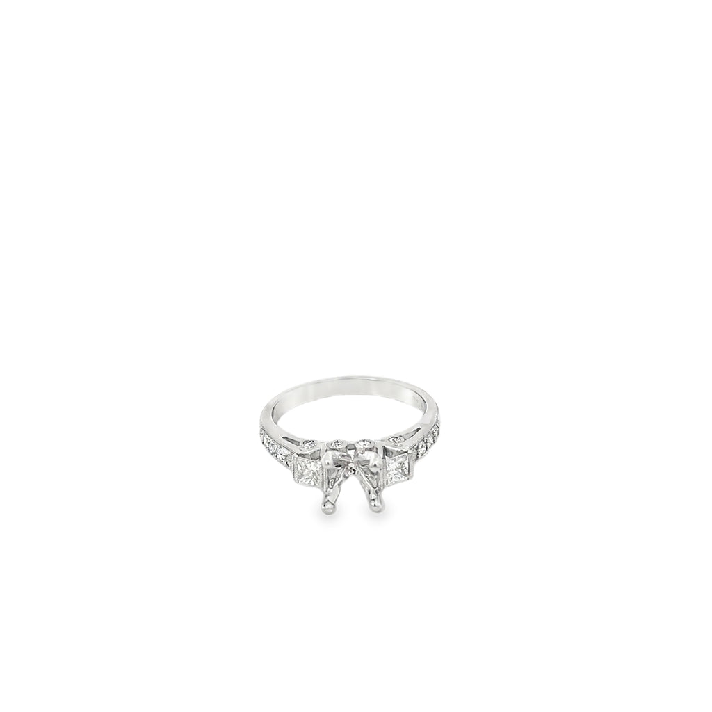 18K White Gold Vintage Inspired Engagement Ring with Semi-Mount with Two Princess Cuts and 16 Round Bead Set Diamonds