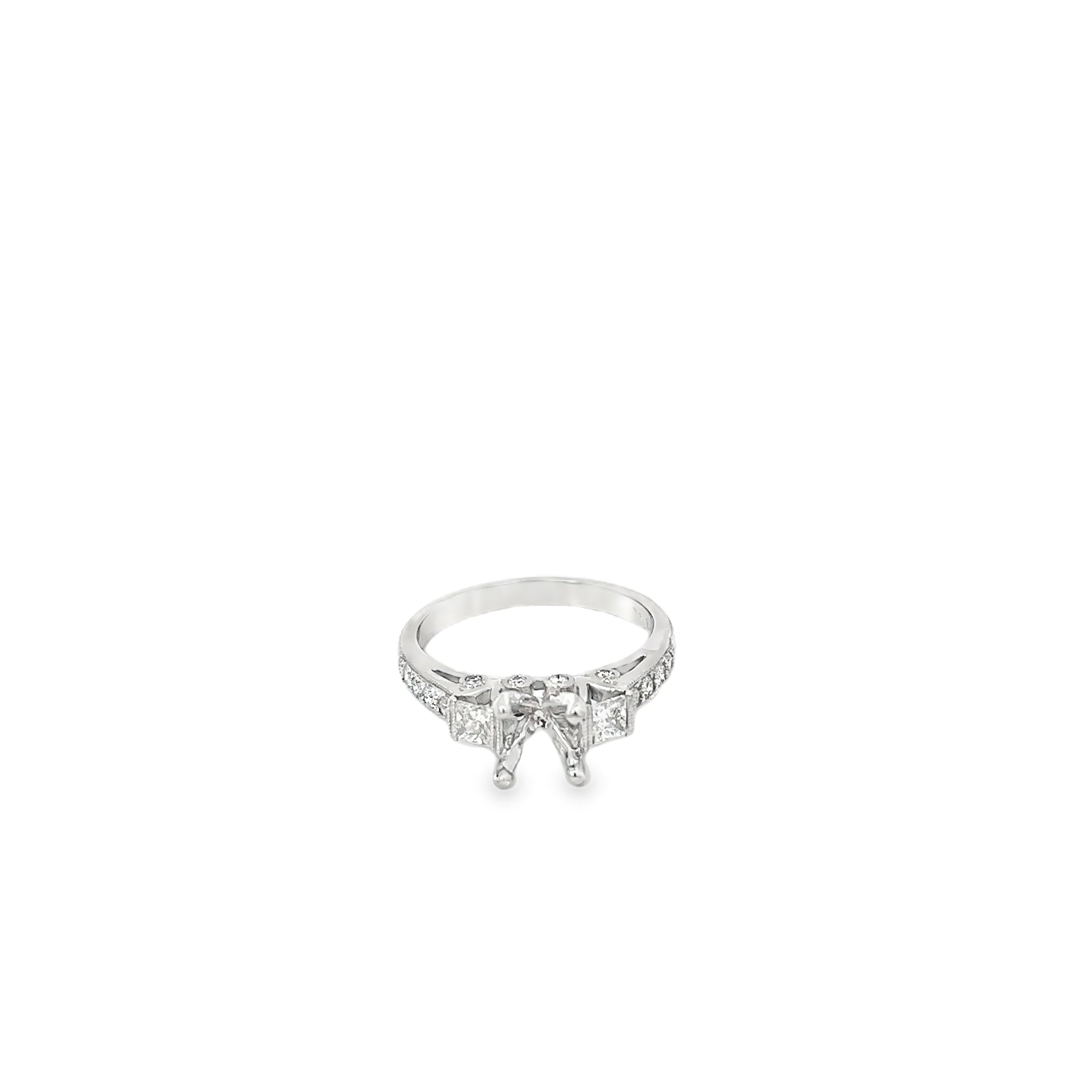 18K White Gold Vintage Inspired Engagement Ring with Semi-Mount with Two Princess Cuts and 16 Round Bead Set Diamonds