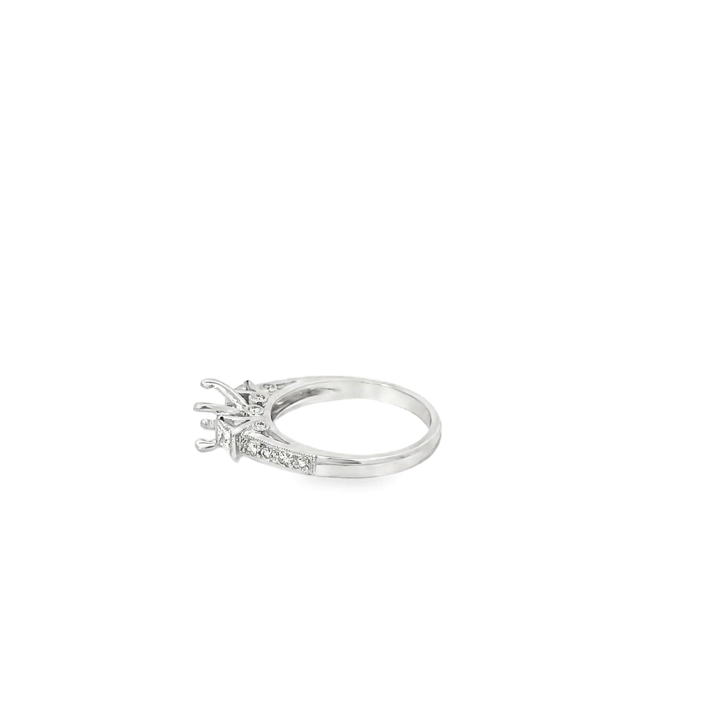 18K White Gold Vintage Inspired Engagement Ring with Semi-Mount with Two Princess Cuts and 16 Round Bead Set Diamonds