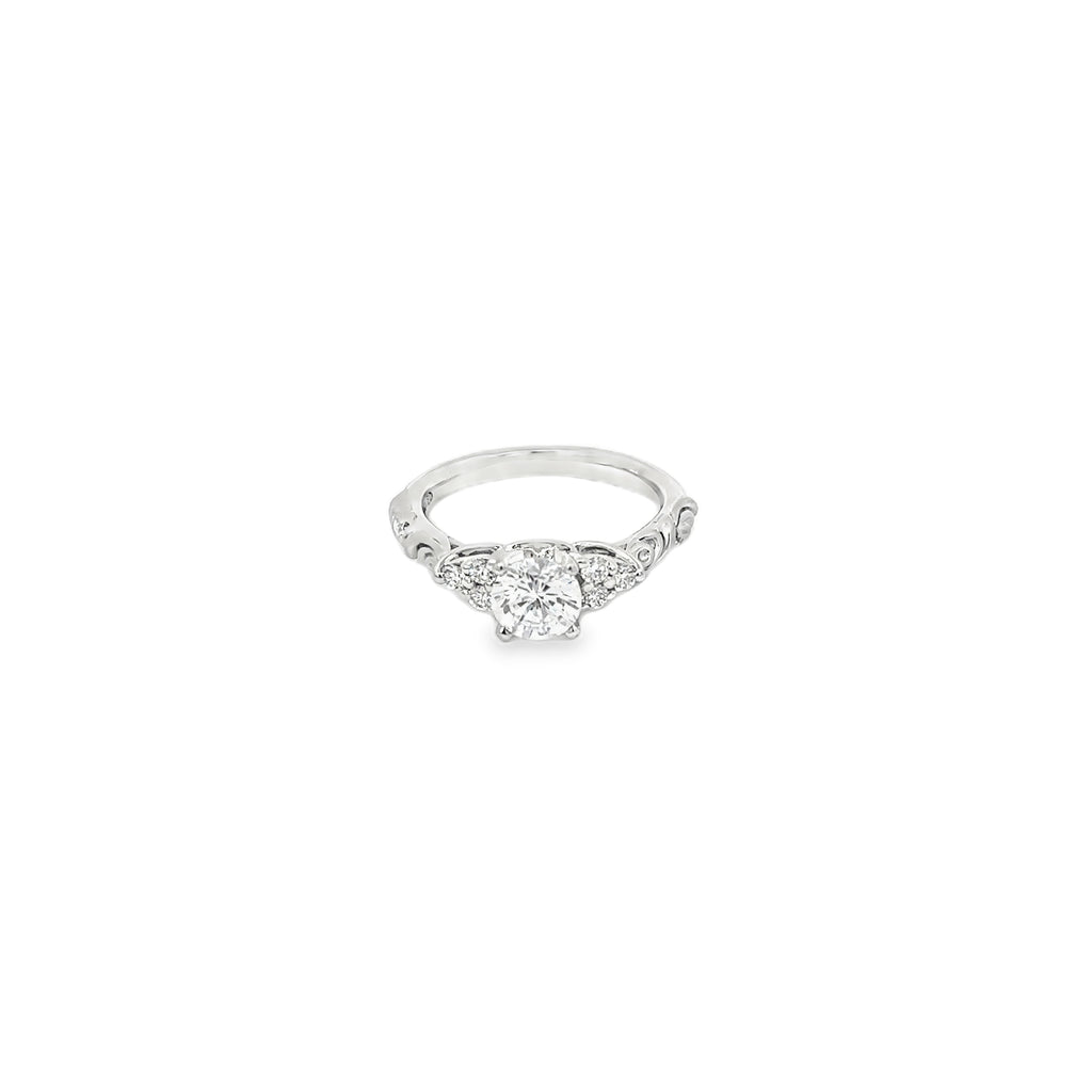 14K White Gold Vintage Inspired Engraved 3 Stone Engagement Ring