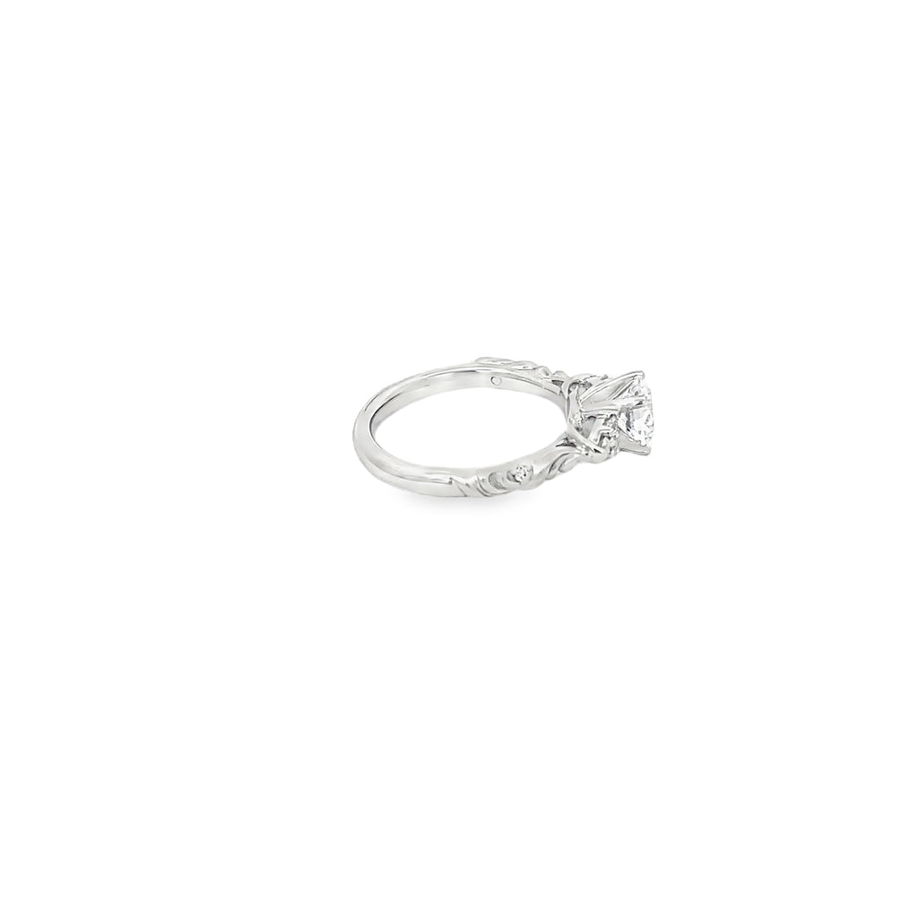 14K White Gold Vintage Inspired Engraved 3 Stone Engagement Ring