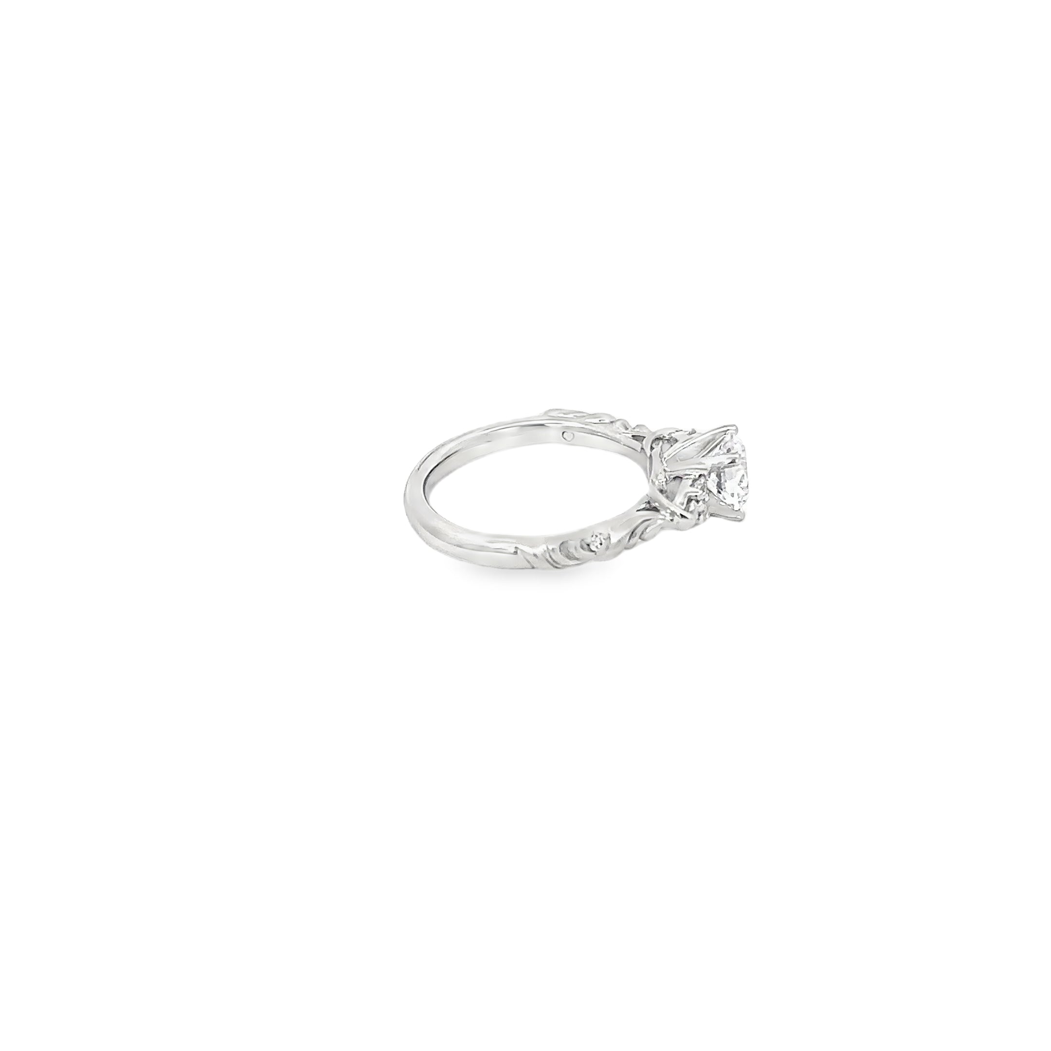 14K White Gold Vintage Inspired Engraved 3 Stone Engagement Ring
